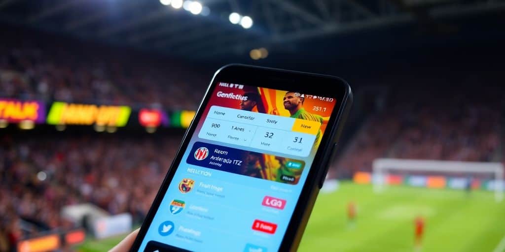 Smartphone with football betting app in a stadium setting.