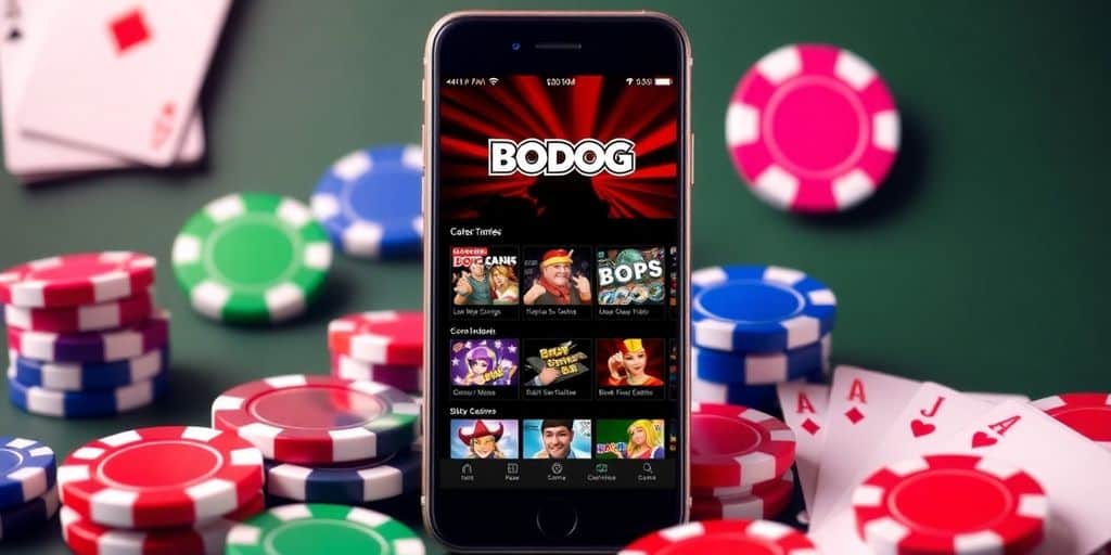 Smartphone with Bodog app and casino elements around it.