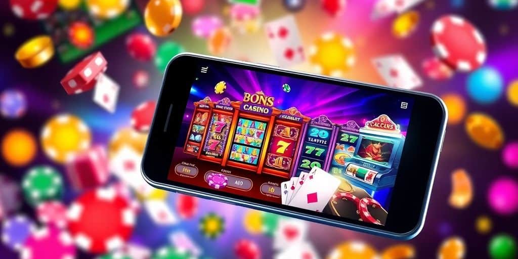 Mobile phone displaying casino games with vibrant graphics.
