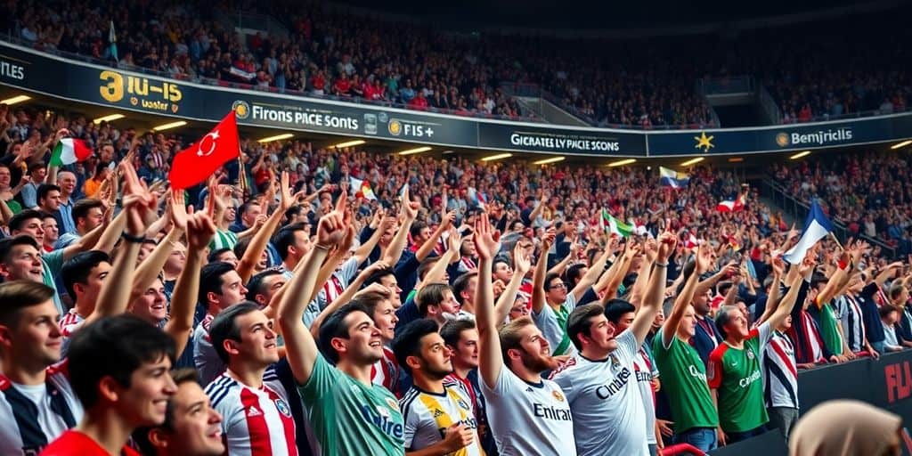 Crowd cheering in a stadium during a sports event.