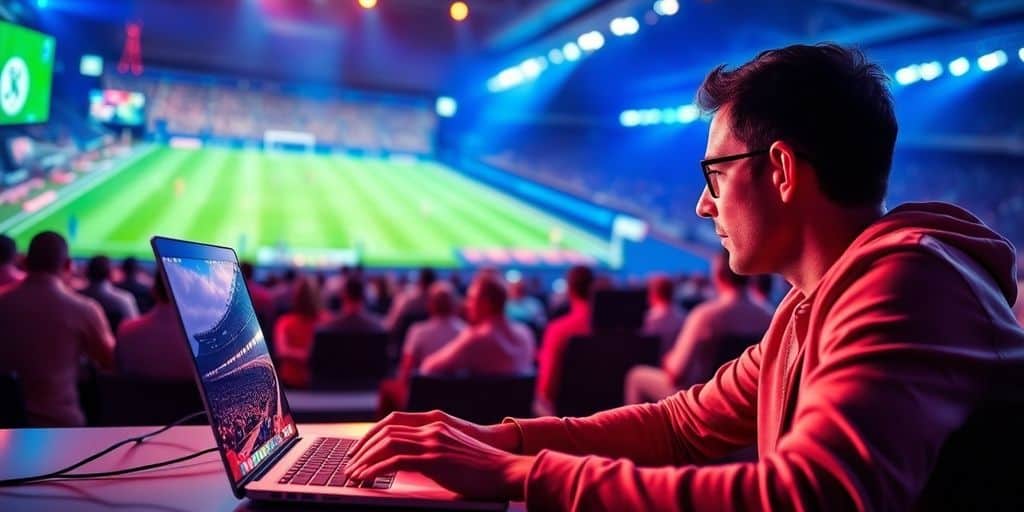 Person betting online with sports event in background.