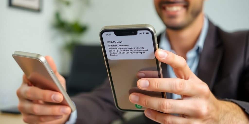 Person looking at smartphone with withdrawal confirmation notification.