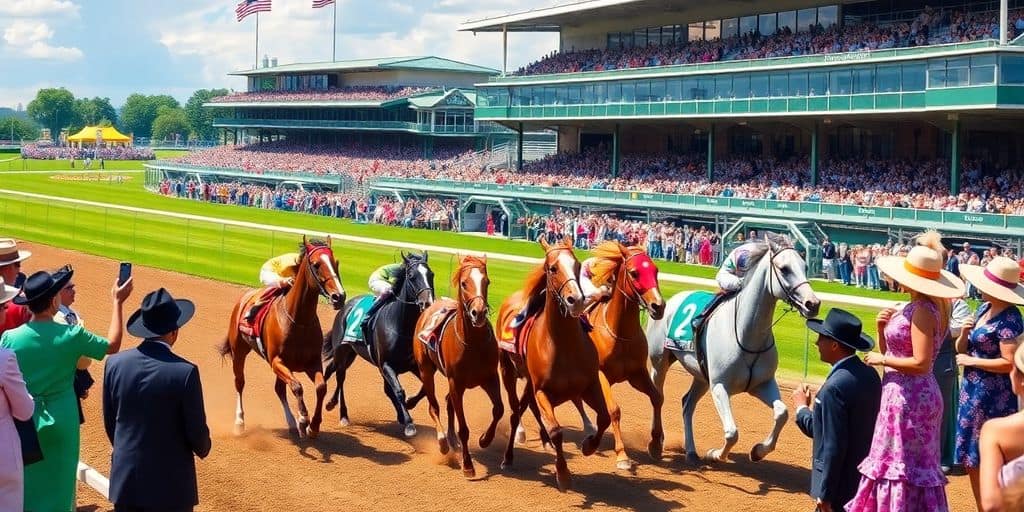 Horses racing at the Kentucky Derby with spectators.