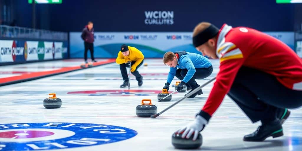 Curlers sliding stones on ice during a competitive match.
