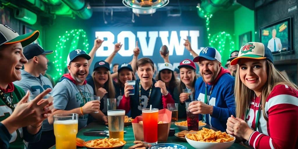 Excited fans enjoying a Super Bowl betting party.