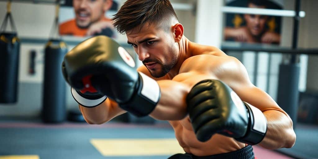 Fighter practicing unique technique in a training gym.