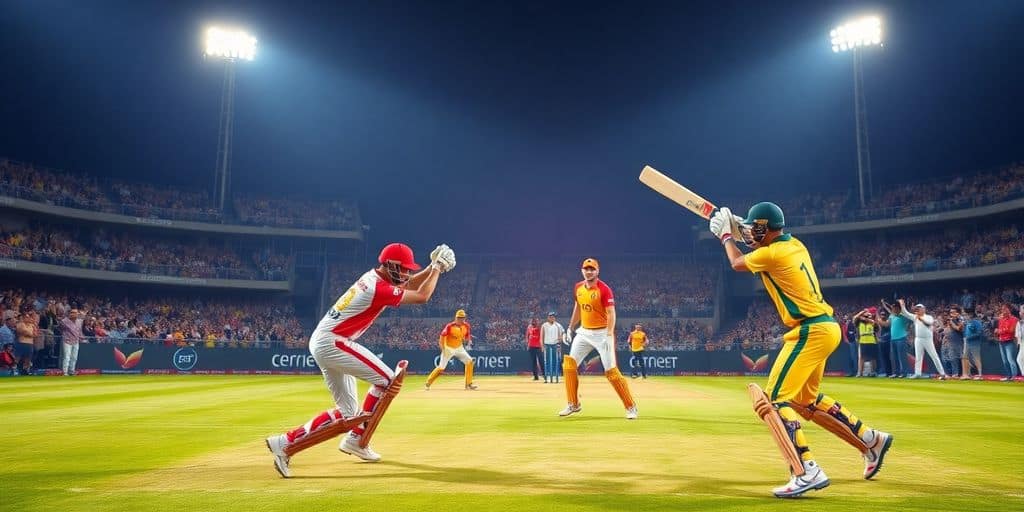 Cricket players in action during an intense match.