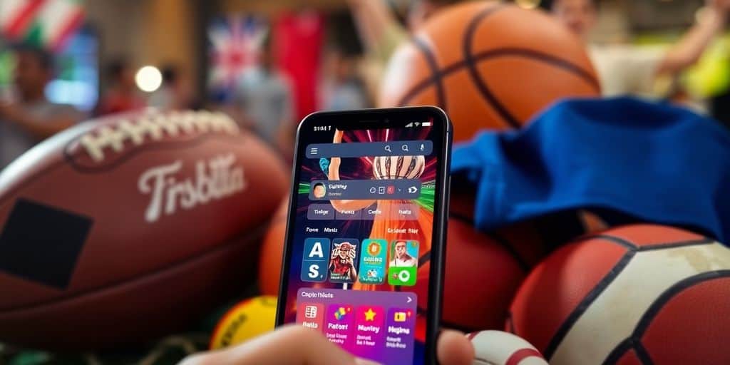 Smartphone with sports gambling app and sports memorabilia.
