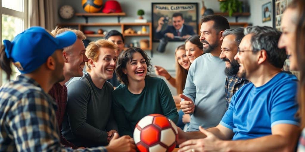 Group discussing sports in a lively, informal setting.