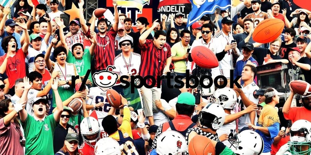 Collage of sports fans, athletes, and sports equipment.
