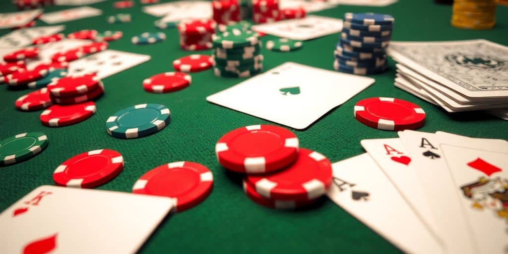 Close-up of casino chips and playing cards on table.