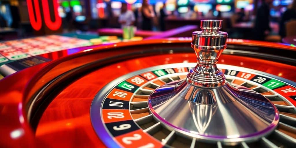 Roulette wheel with colorful chips in a casino setting.