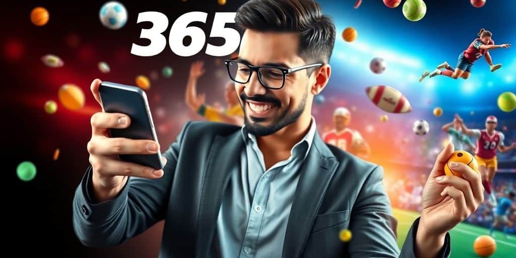 Person using Bet365 app with sports elements in background.