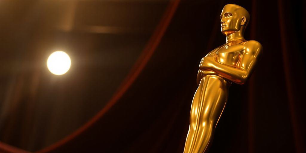 Golden Oscar statuette against a dark background.