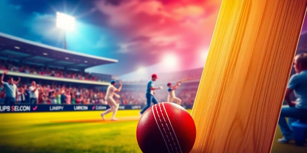 Cricket players in action with a cheering crowd.