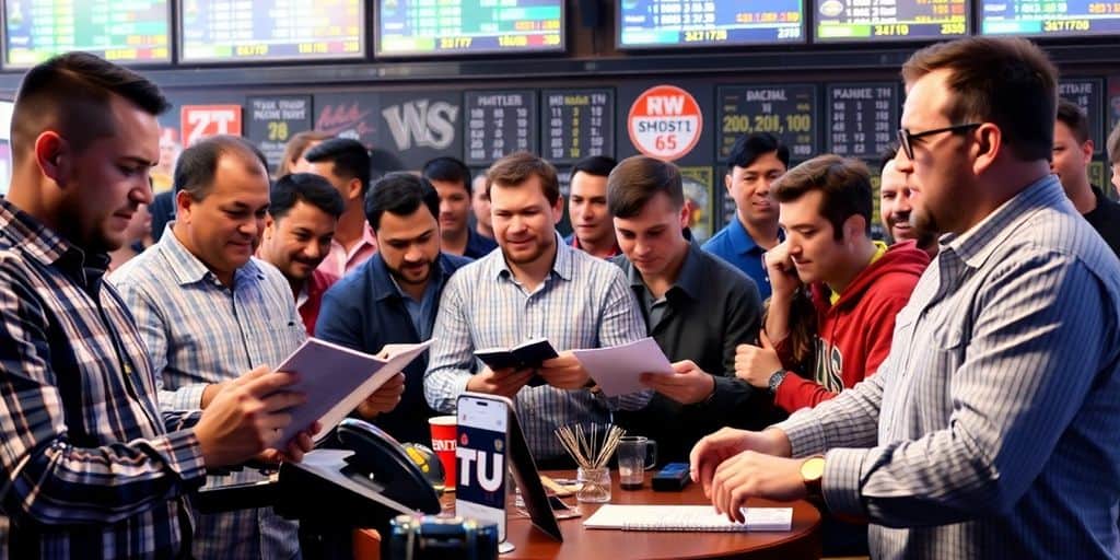Diverse bettors analyzing sports odds and strategies together.