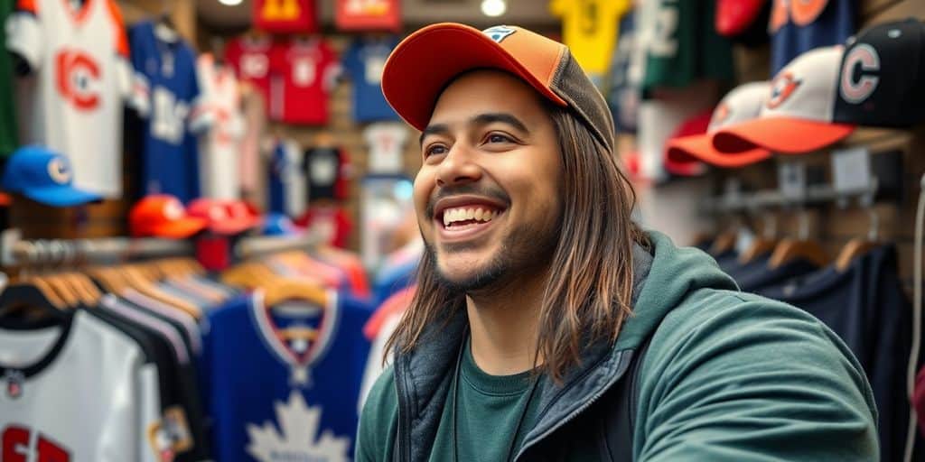 Happy customer shopping at Fanatics Canada store.