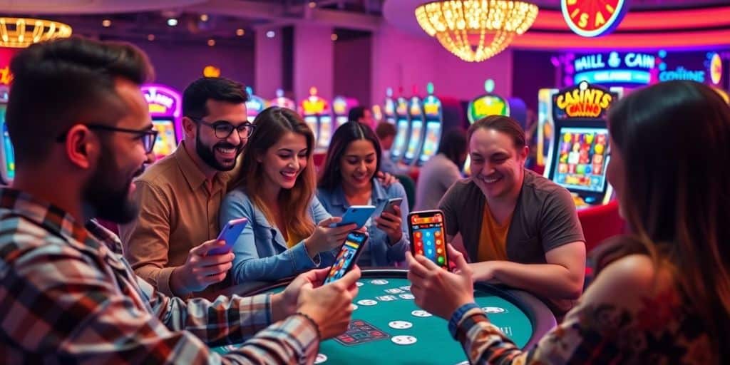 Players enjoying colorful social casino games on mobile devices.