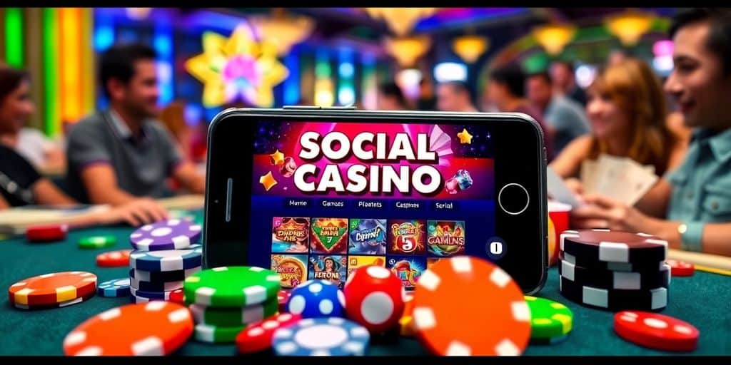 Smartphone with casino games and colorful gaming accessories.