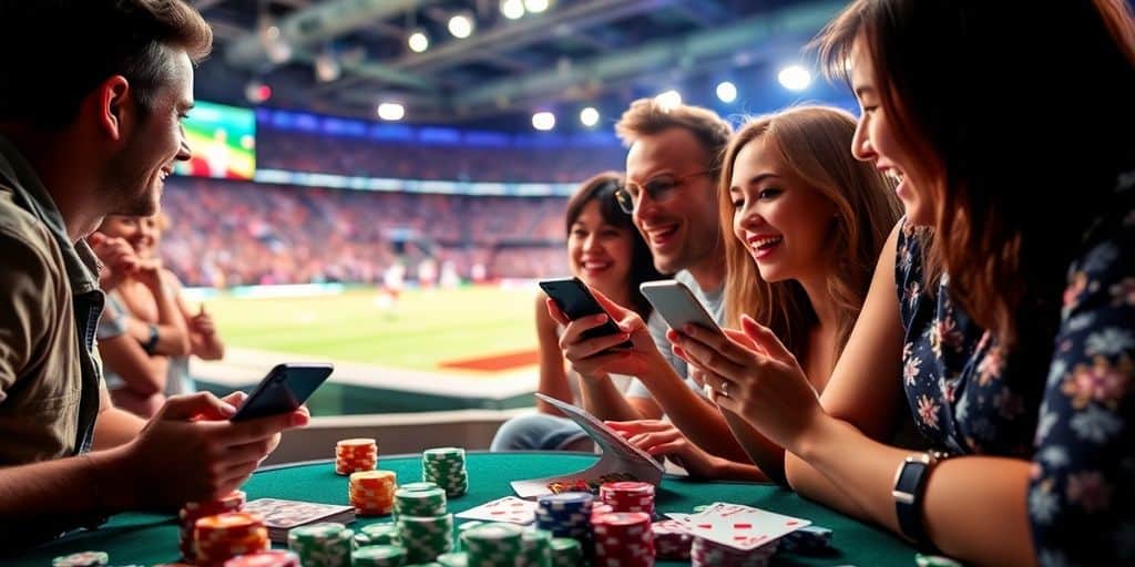 Group enjoying sports betting and casino games together.