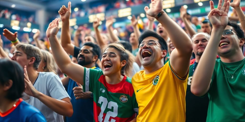 Diverse sports fans cheering joyfully at a game.