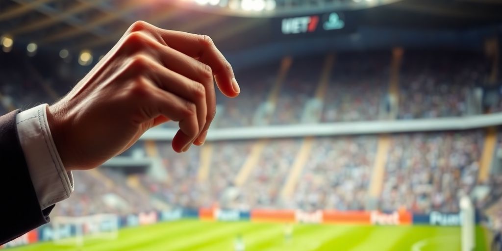 Hand placing a bet at a lively sports event.
