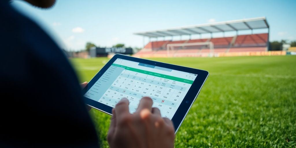 Soccer player analyzing statistics on a tablet outdoors.
