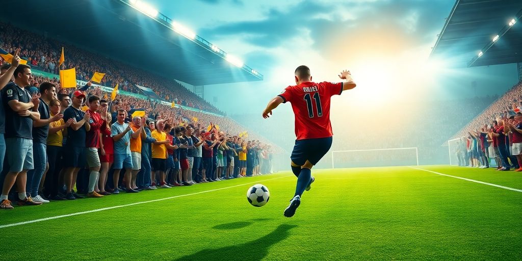 Soccer player kicking ball in a packed stadium.