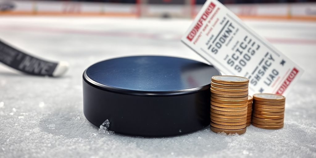 Hockey puck, coins, and betting ticket on ice.