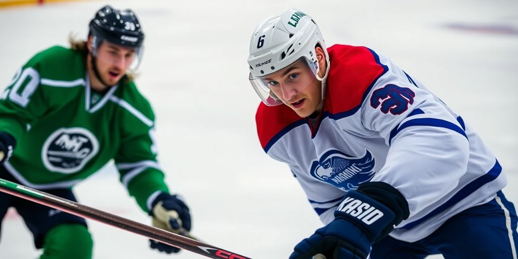 Hockey players in action during an intense game.
