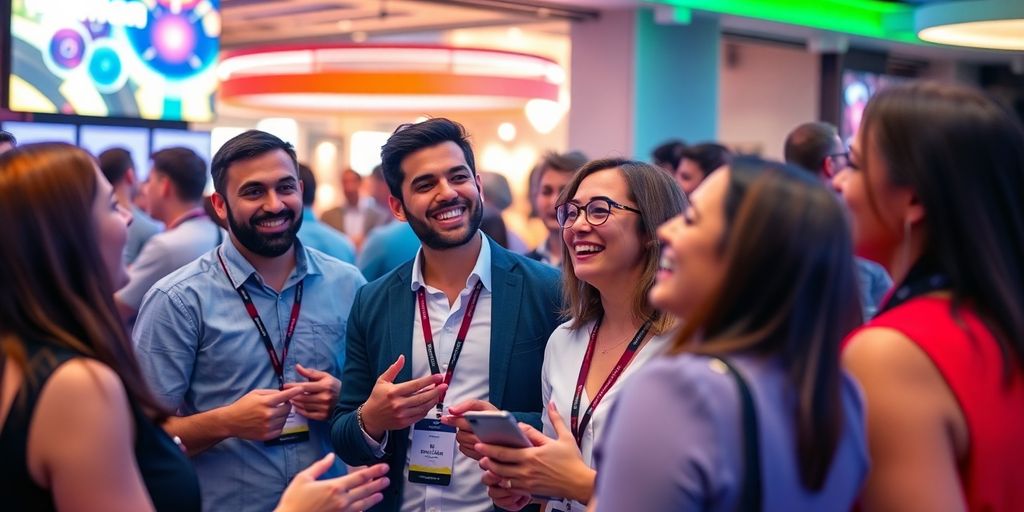 Diverse professionals networking at an iGaming event.