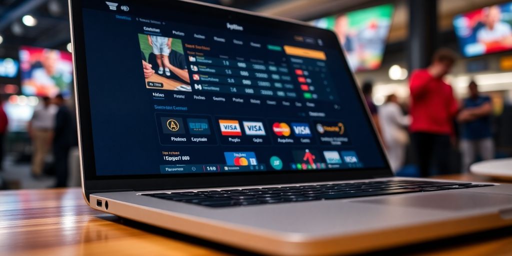 Laptop with sportsbook interface and payment method icons.