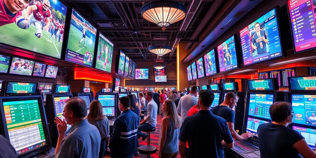 Crowd in a sportsbook enjoying live sports betting.