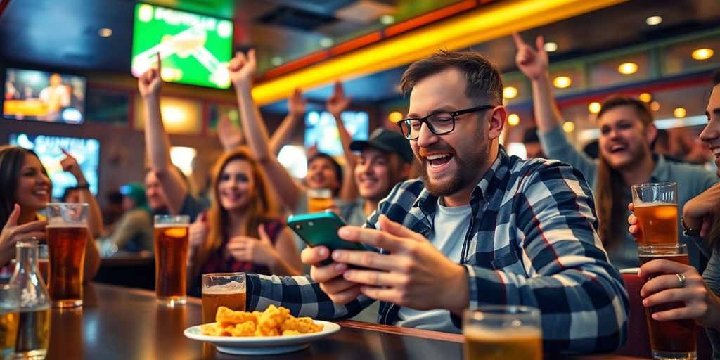 A sports bettor excitedly using a smartphone in a bar.