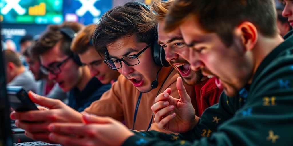 Players enjoying CSGO gambling with intense expressions and excitement.