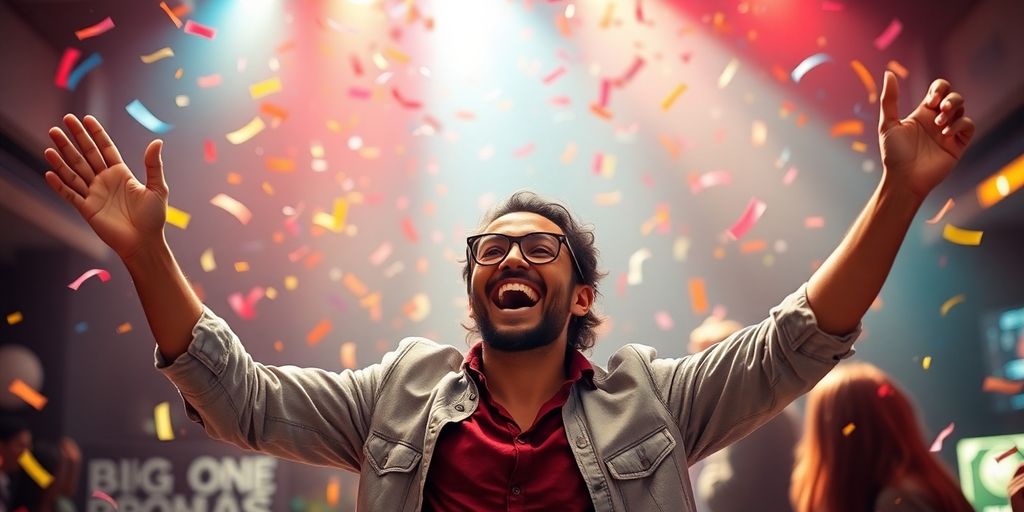Person celebrating a win with confetti in a lively setting.