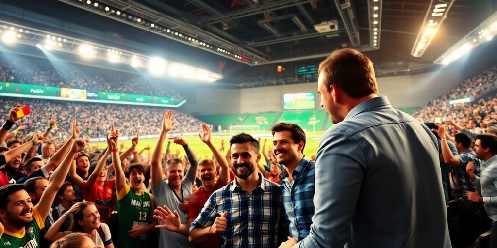 Excited sports fans celebrating a betting victory.