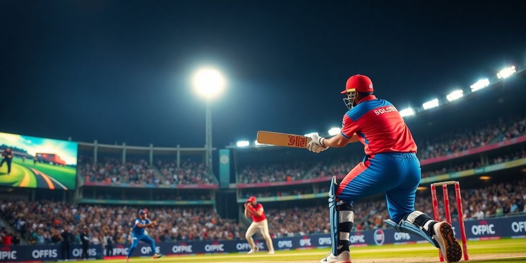 Cricket players in action at an IPL match under lights.