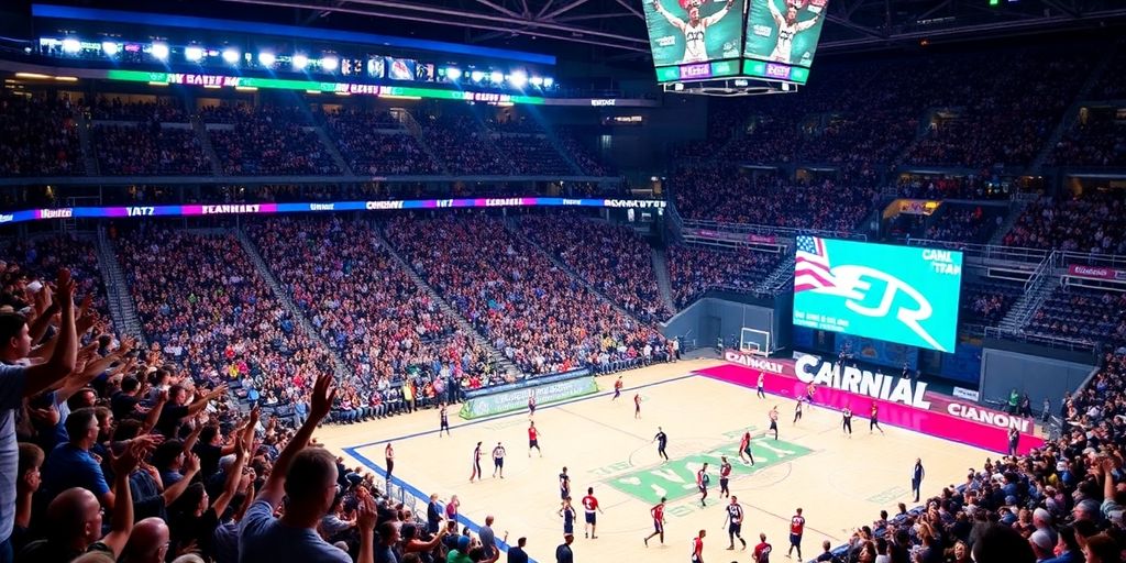 Crowd cheering at a sports event for online betting.