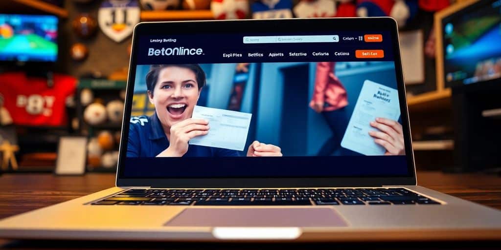 Person excitedly betting online at BetOnline on laptop.
