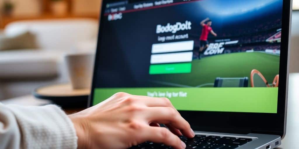 User logging into Bodog on a laptop.