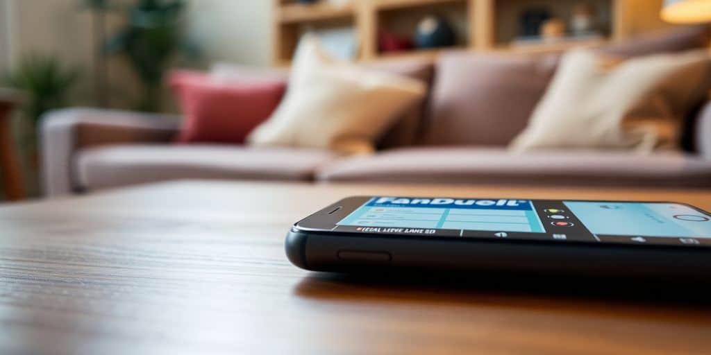 Smartphone with FanDuel app on a wooden table.