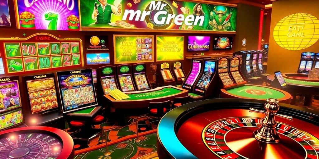 Colorful casino games including slots and card tables.