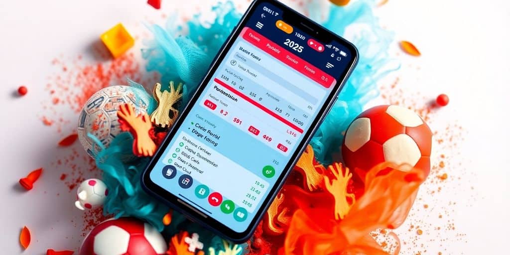 Smartphone with betting app and sports-themed background.