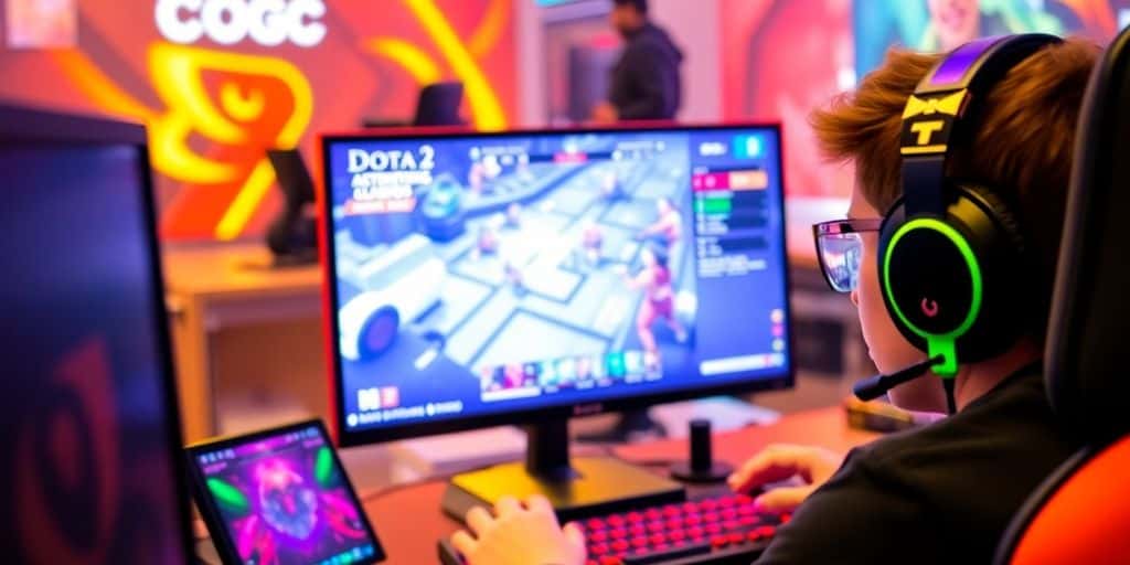 Person gaming with Dota 2 on a high-definition monitor.