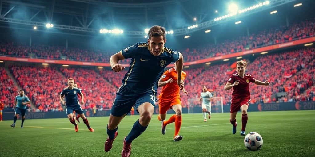 Exciting soccer match with players and cheering fans.