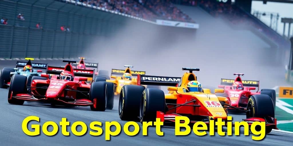 Dynamic F1 cars racing on a vibrant track.