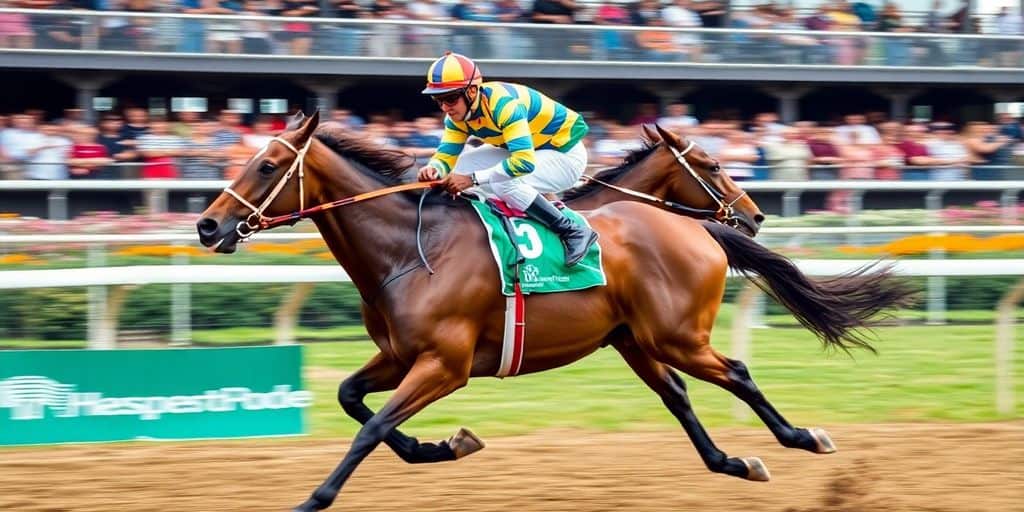 Racehorse galloping with jockey at a lively racetrack.
