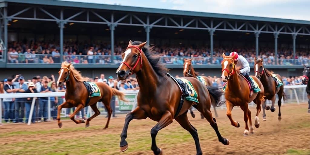 Horses racing down the track with cheering spectators.