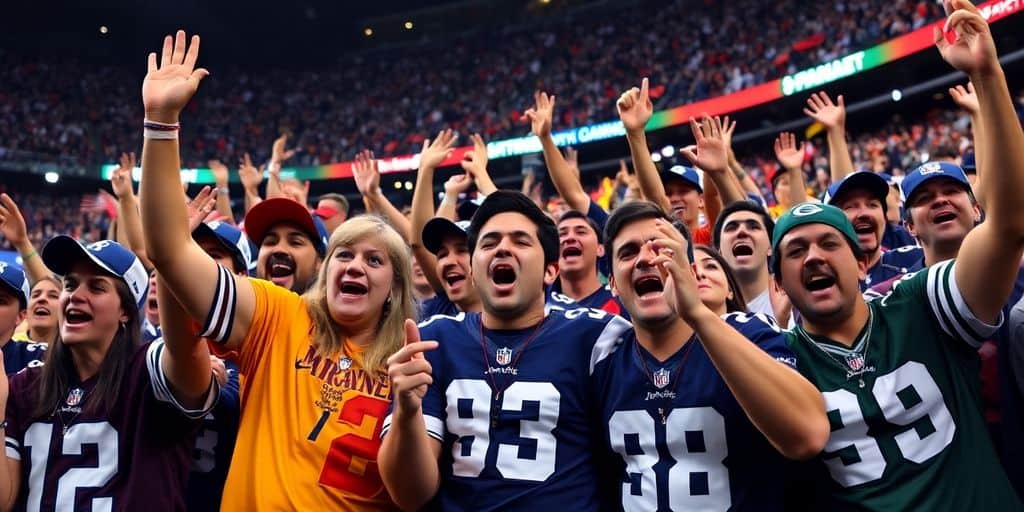 Cheering NFL fans in jerseys celebrating a game day.